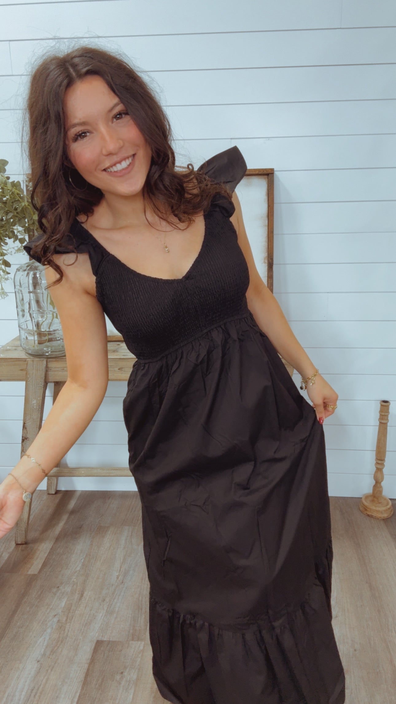 Chic Black Midi Flutter Sleeve  Dress