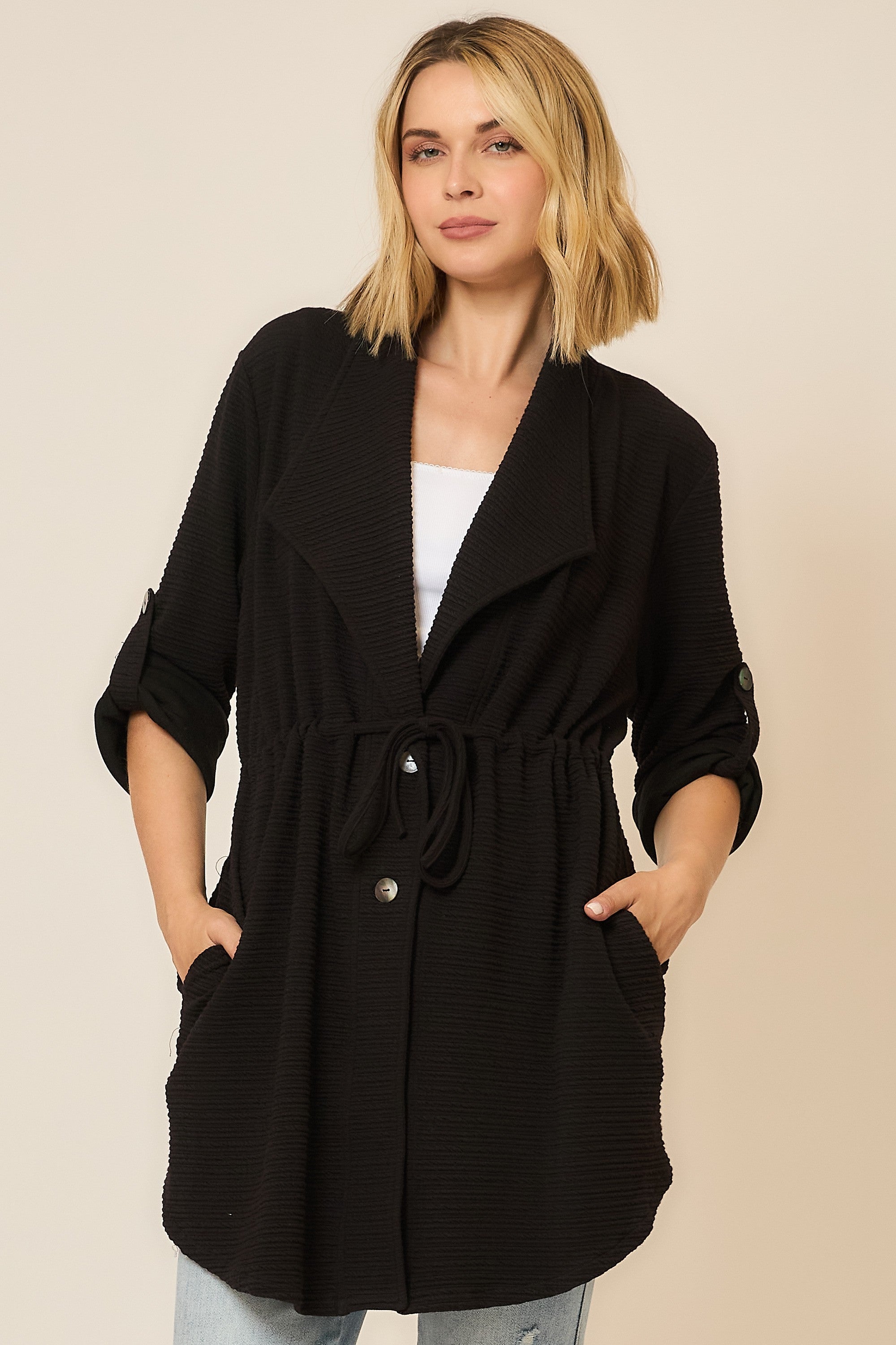 Cozy Co Black Crinkle Rib Texture Fold Sleeve Jacket