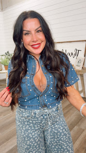 Cozy Co Denim And Pearl Embellished Button Up Top