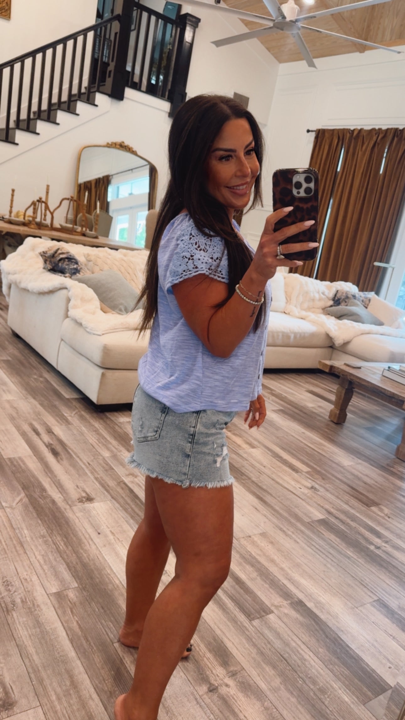 Light Blue Eyelet Lace Shoulder Top