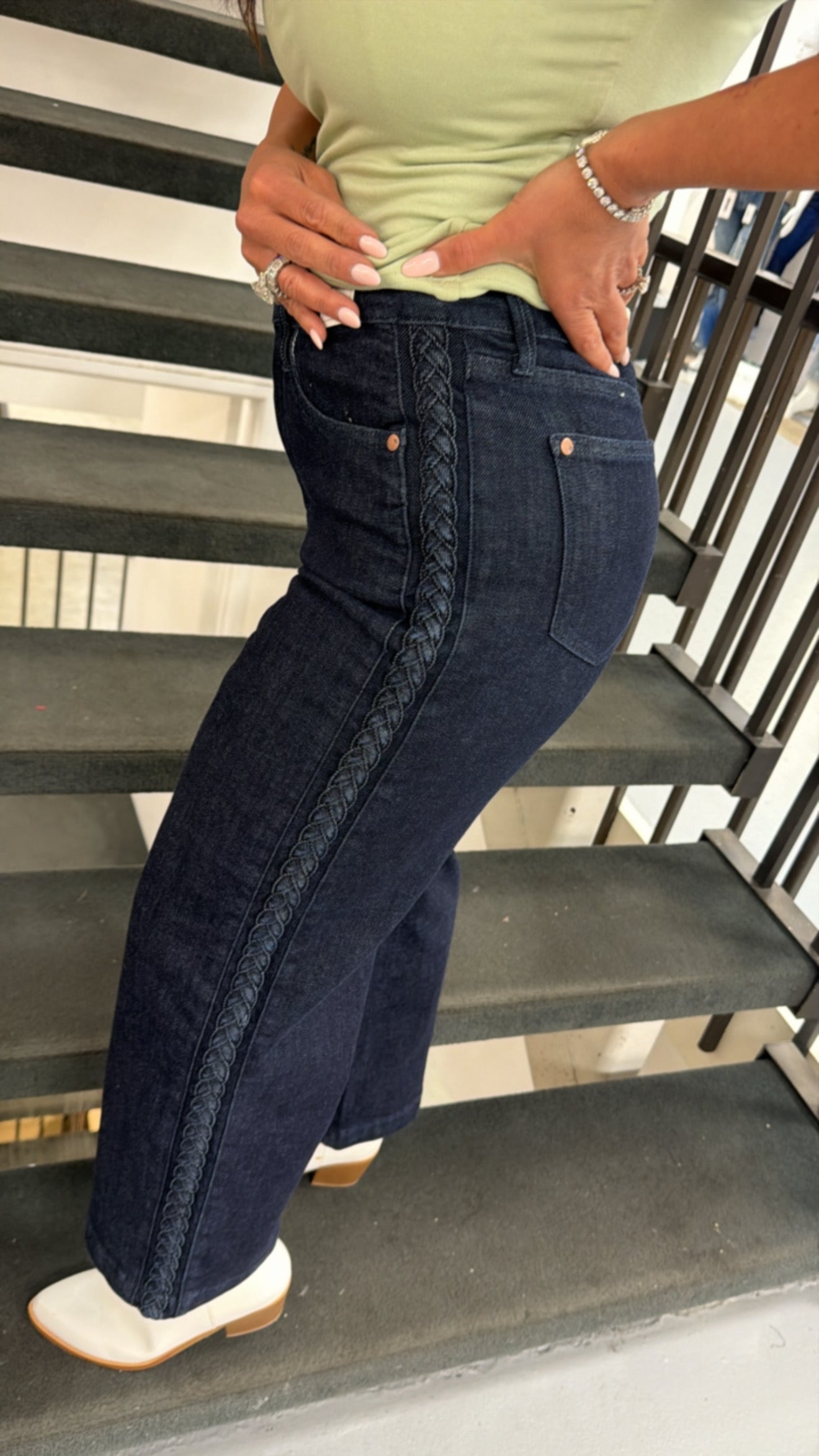Judy Blue Dark Wash High Waist Braided Side Detail Wide Leg Jeans