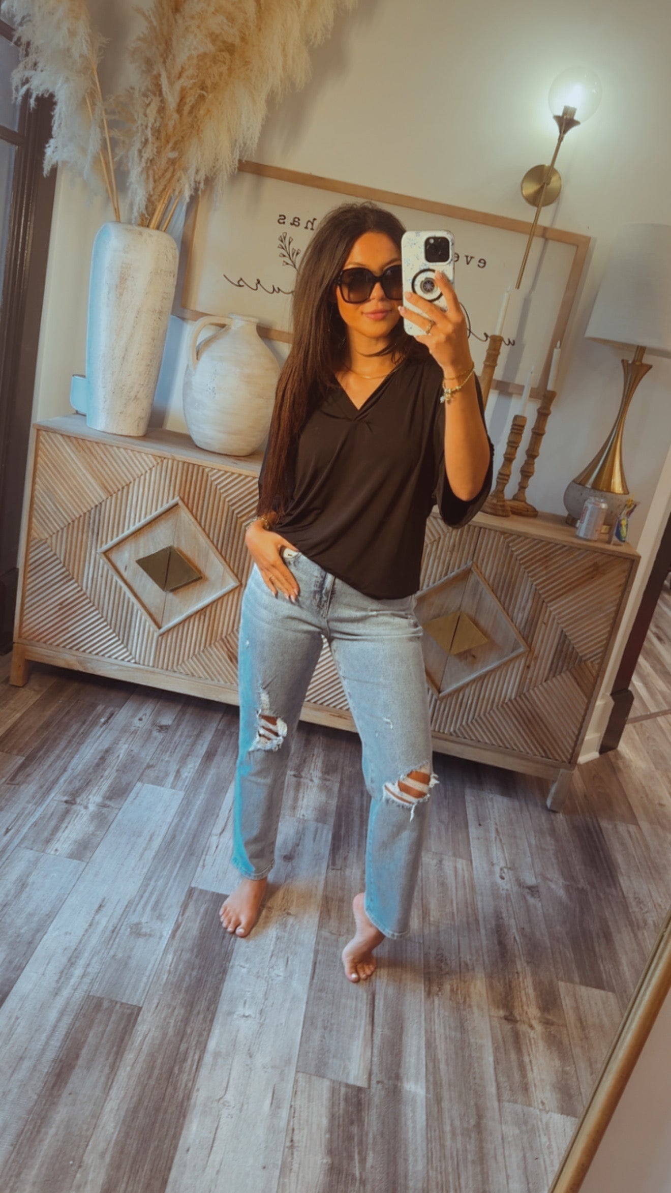 Long Sleeve Loose Fit Vneck Top Black