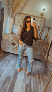 Long Sleeve Loose Fit Vneck Top Black