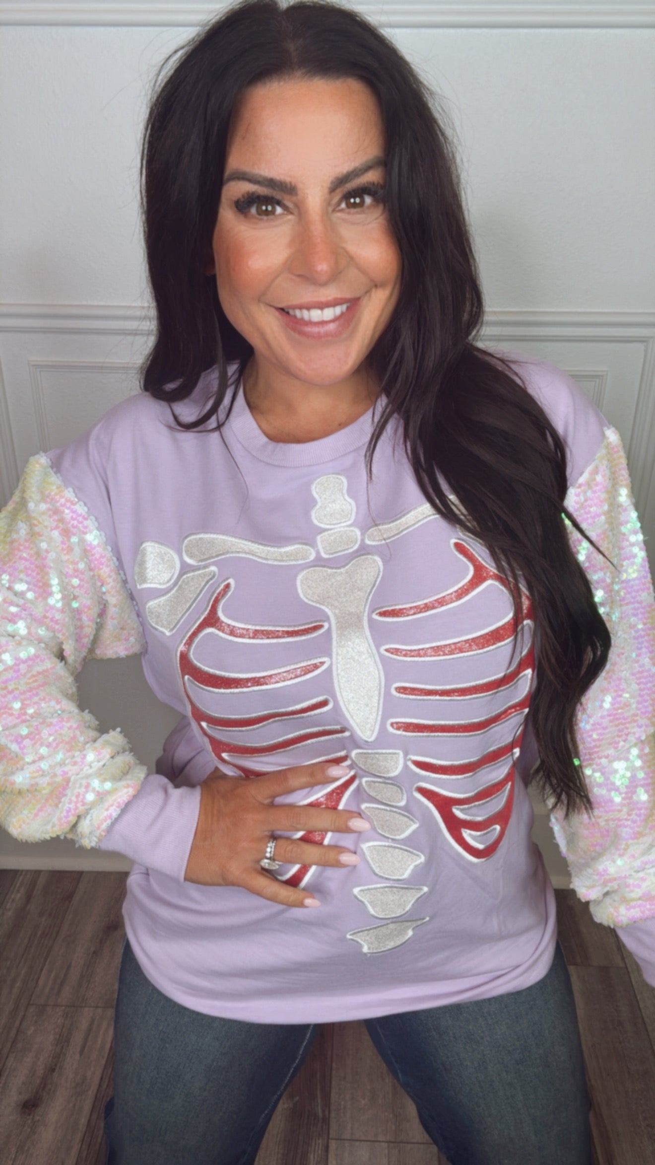 Spooky Purple Skeleton Long Sleeve Sequin Crewneck