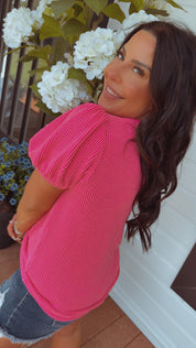 Hot Pink Textured Loose Fit puff Sleeve Top