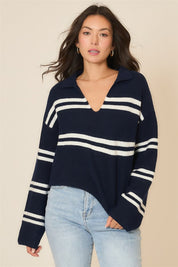 Cozy Co Navy Soft Stripe V-Neck Collar Knit Sweater