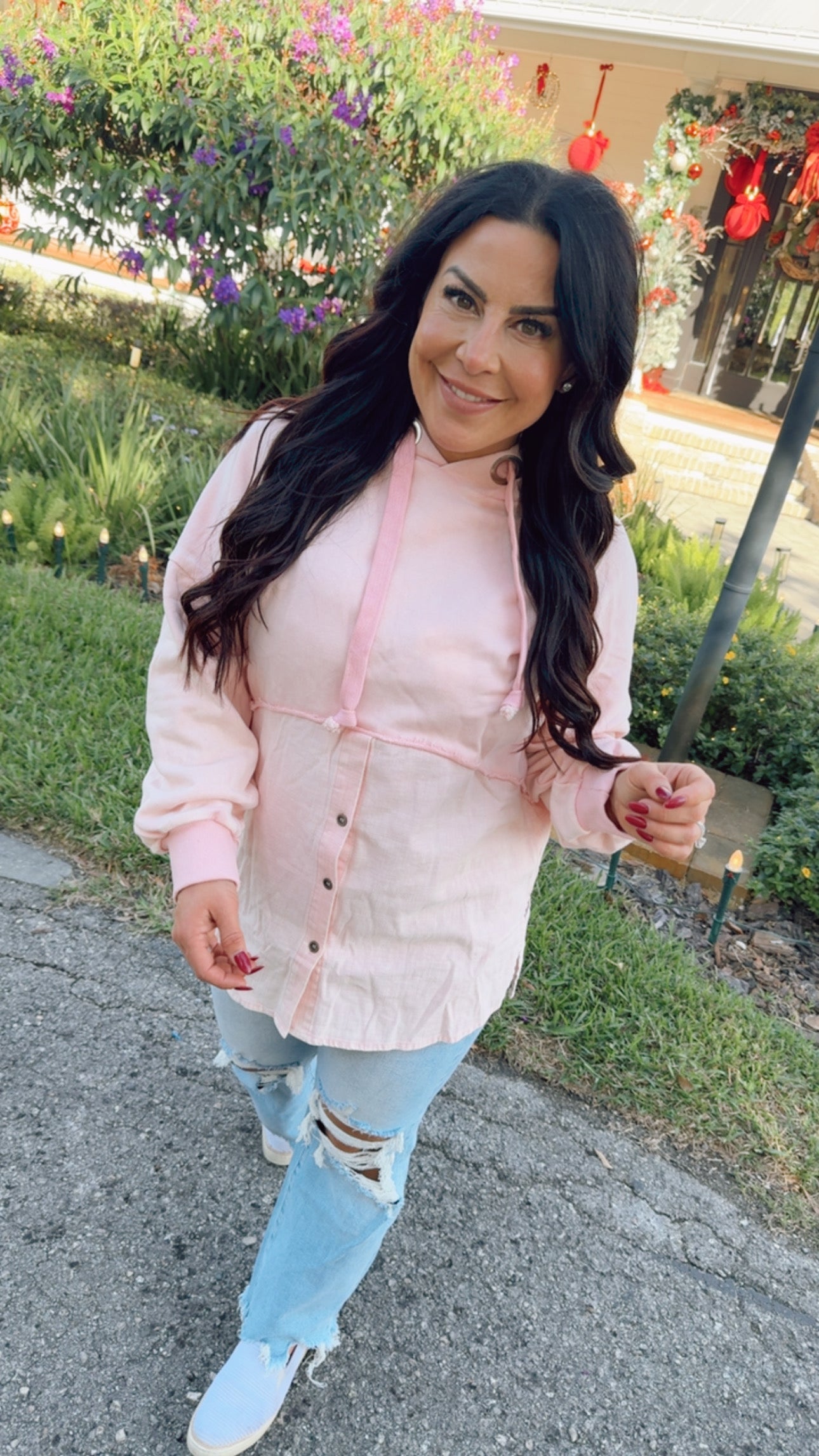 Pink Knit Button Hoodie