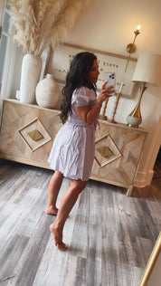 Lavender Puff Sleeve Smocked Waist Dress