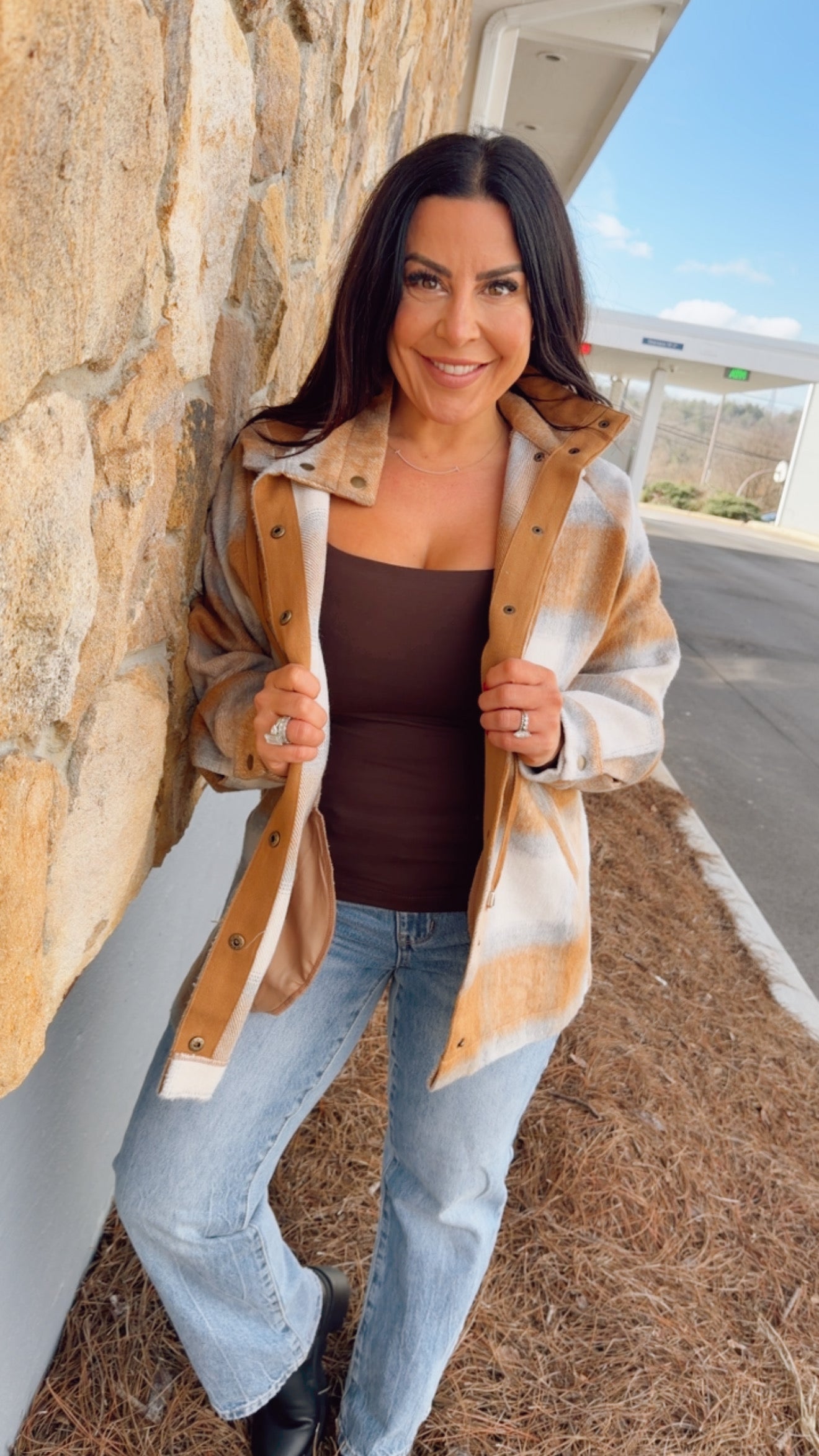 Camel Plaid Button Up Cozy Co Jacket