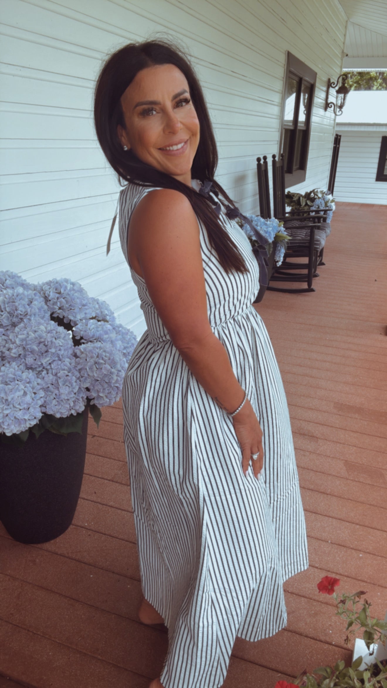 Taupe and Navy Maxi Pinstripe Dress