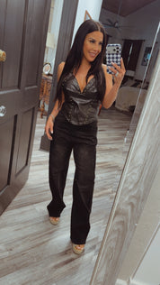 “Midnight Kisses” Brown Leather Studded Zip Back Crop Top