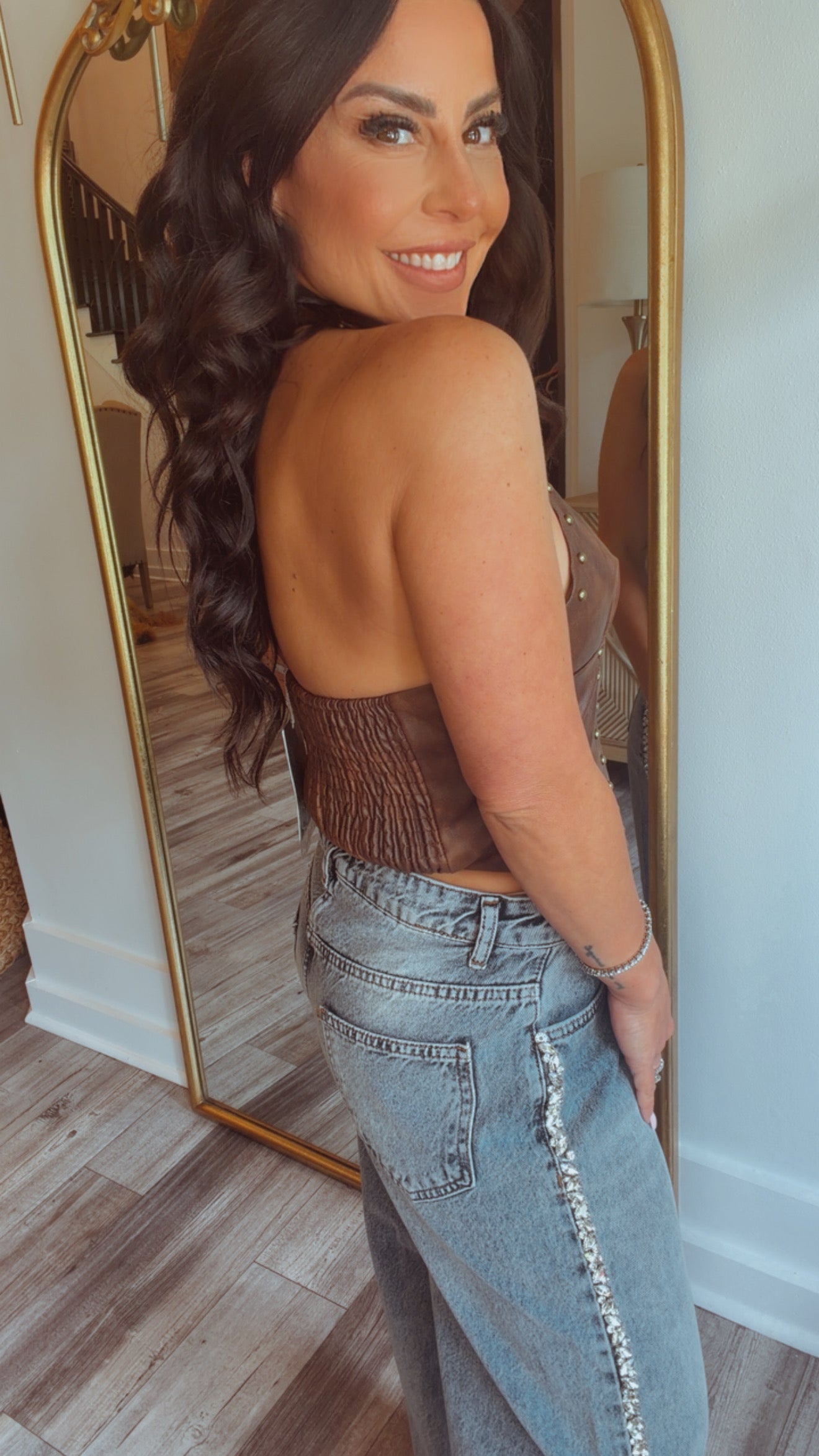 “Whiskey Kisses” Brown Leather Studded Zip Back Crop Top