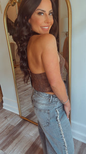 “Whiskey Kisses” Brown Leather Studded Zip Back Crop Top