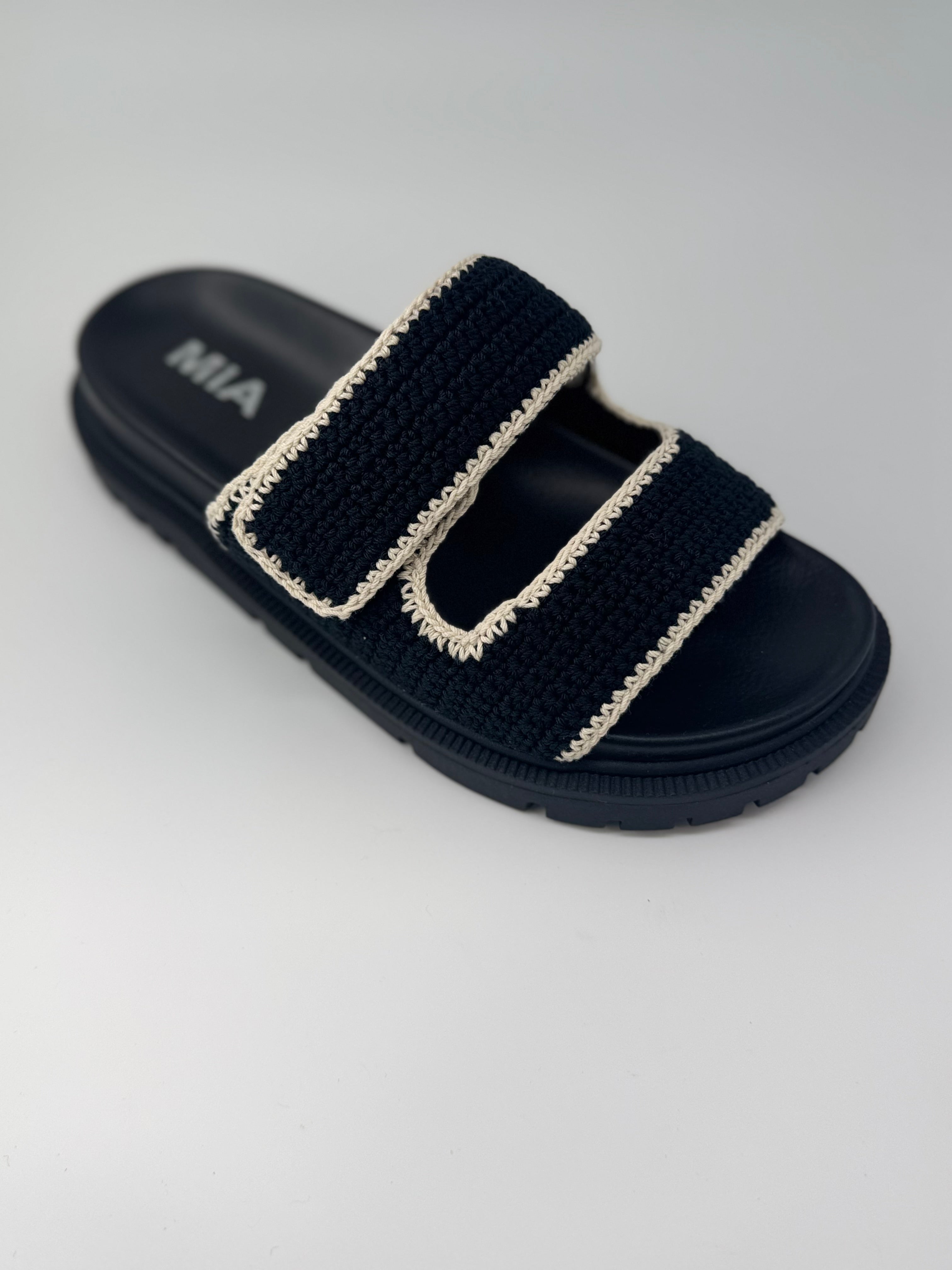 Black And White Trim Crochet Double Strap Sandals