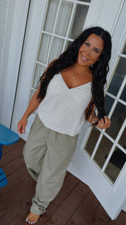 Olive Linen Stretch Waist Pants