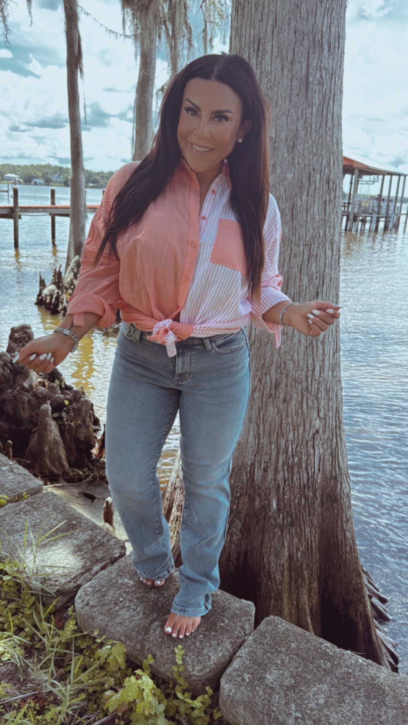 Lightweight Coral and White Striped Button Up Top - DEAL OF THE DAY