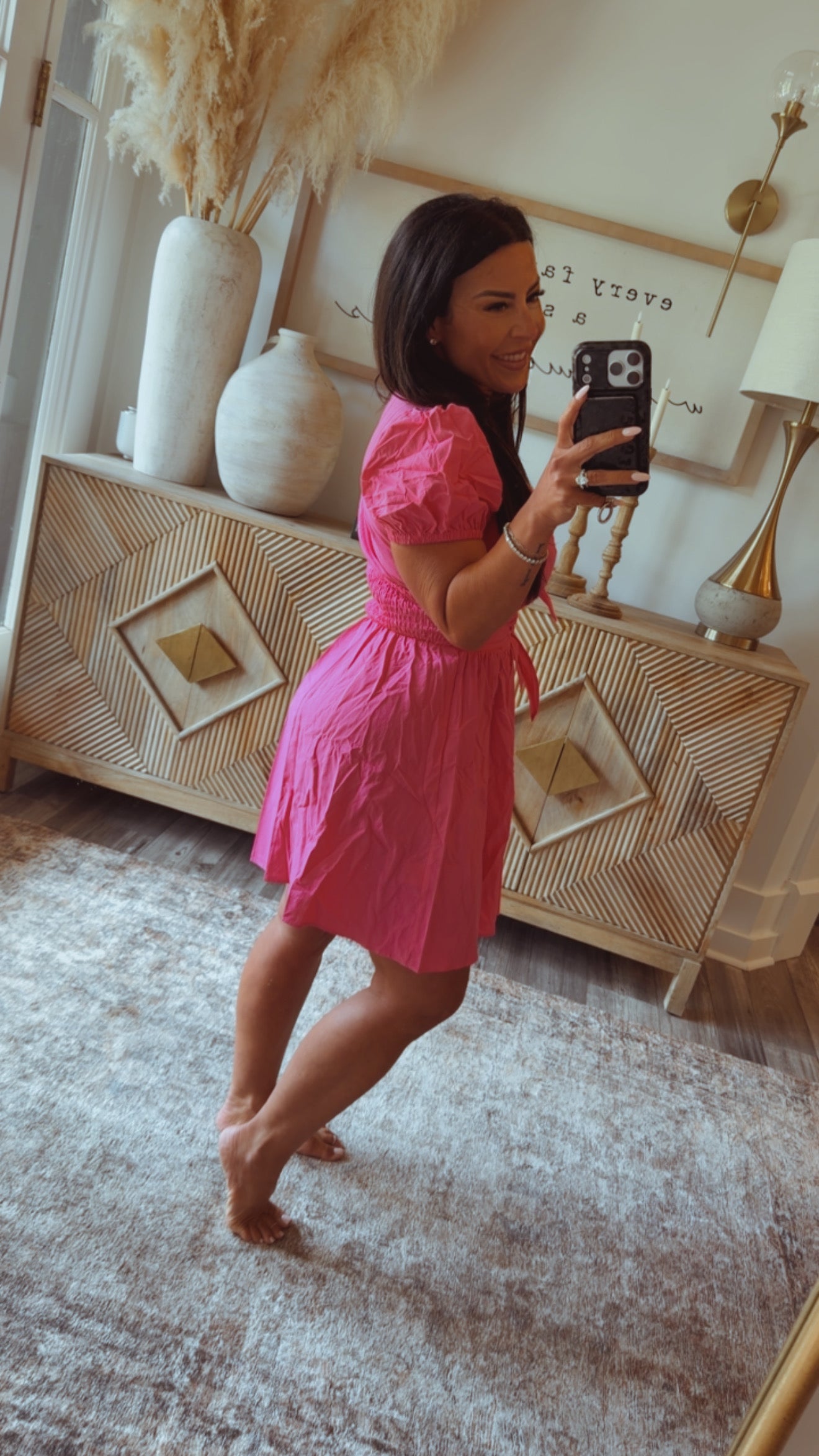 Pink Puff Sleeve Tie Back  Dress