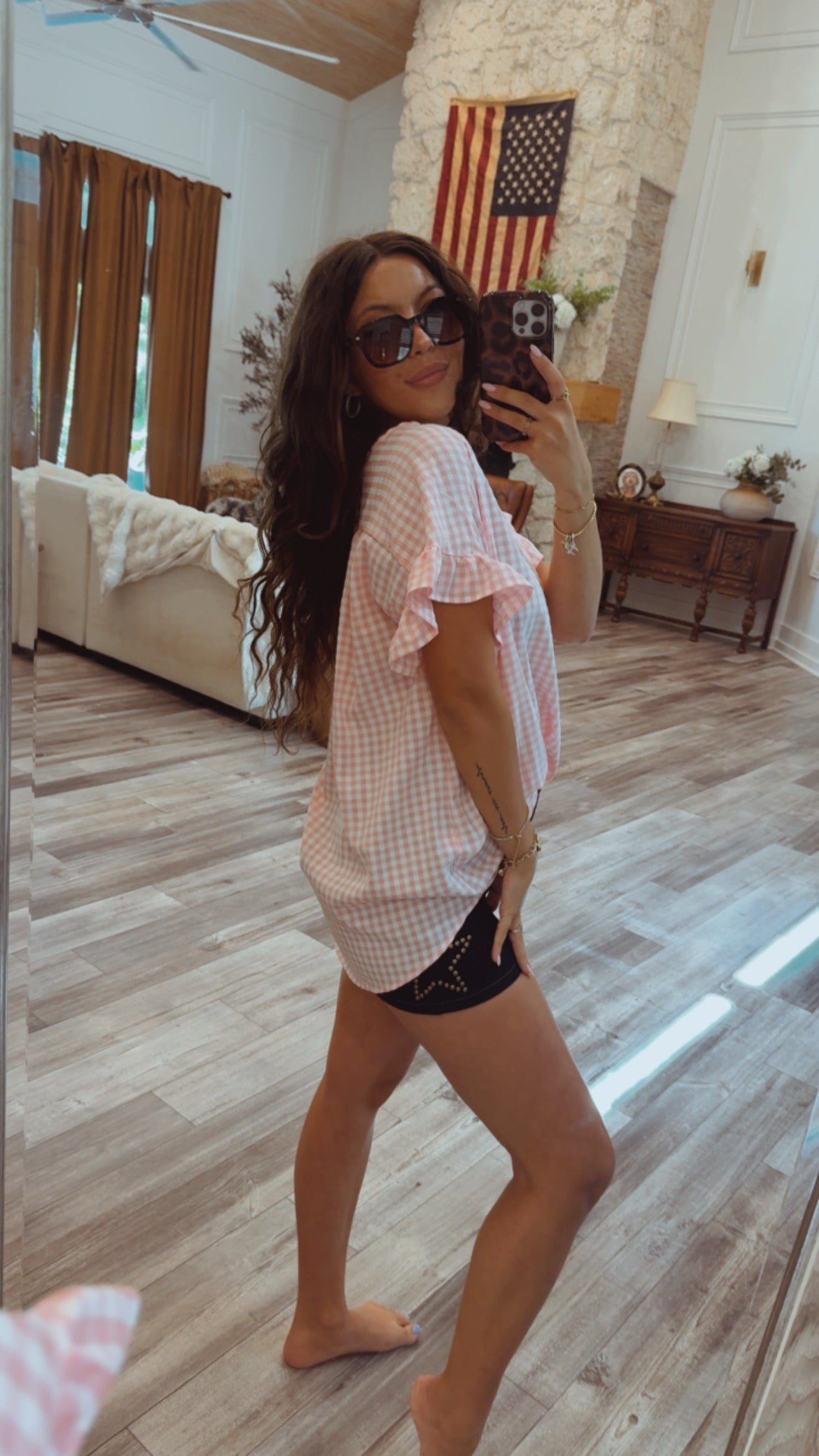 PInk and White Gingham Ultra Soft Ruffle Sleeve Top