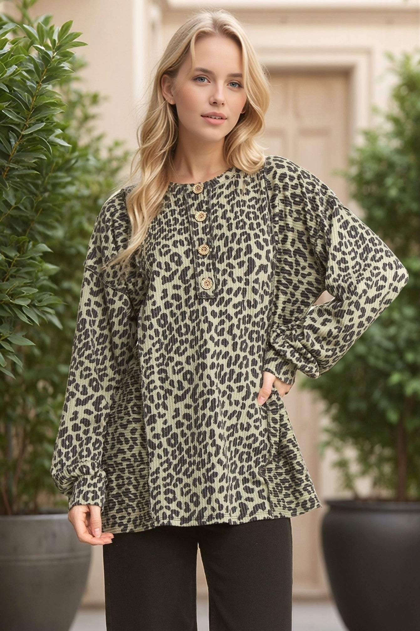 Brown Long Sleeve Button Front Cheetah  Rib Top