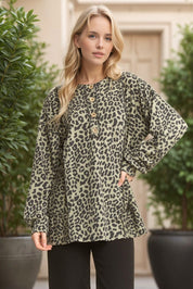 Brown Long Sleeve Button Front Cheetah  Rib Top