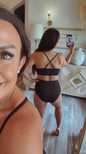 Sassy High Waist Textured Black Two Piece Bathing Suit