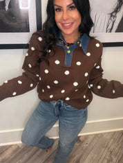 Brown and White Denim Collar Polka Dot Sweater