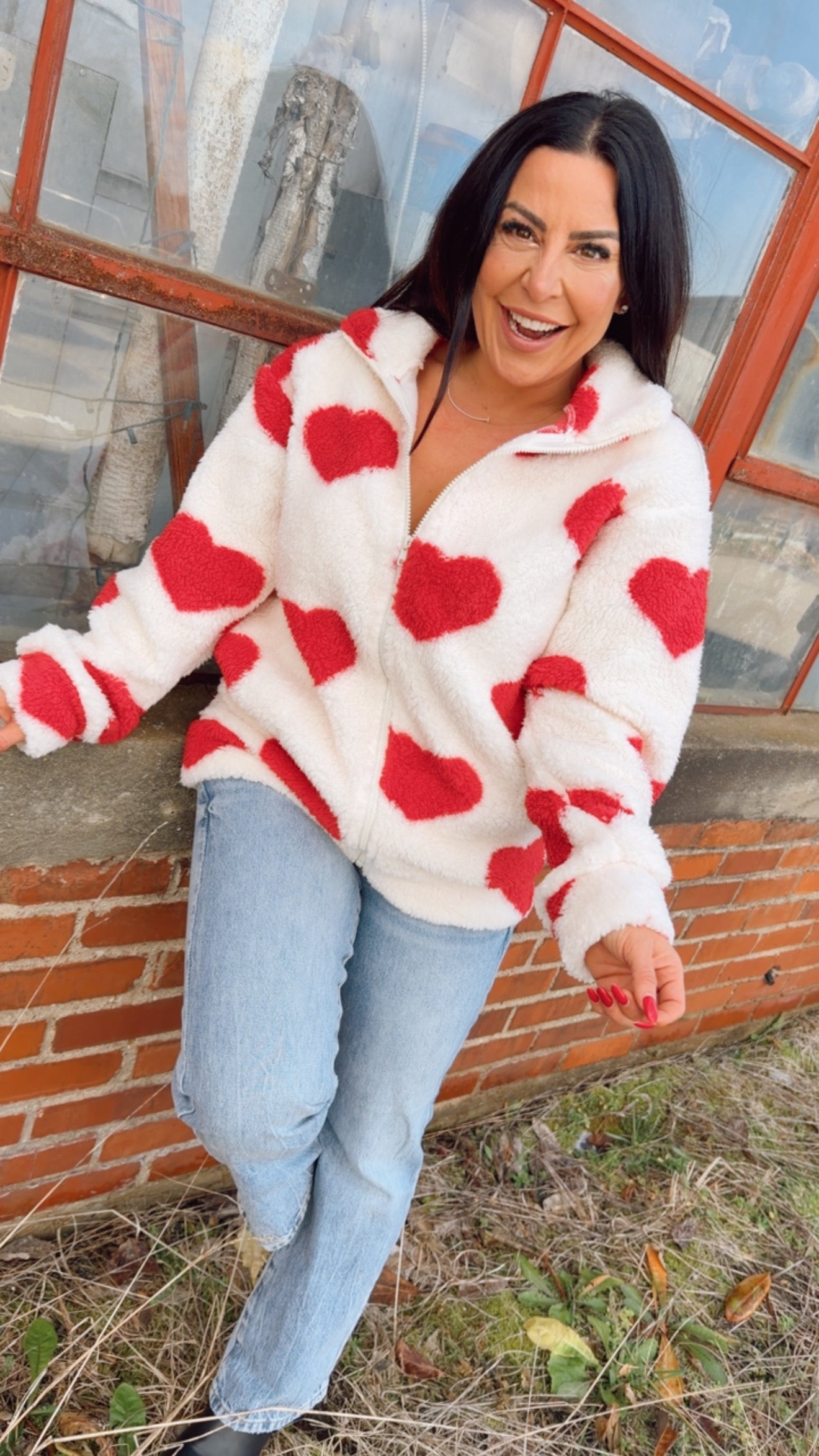 Red Heart Ivory Sherpa 1/4 Zip Jacket