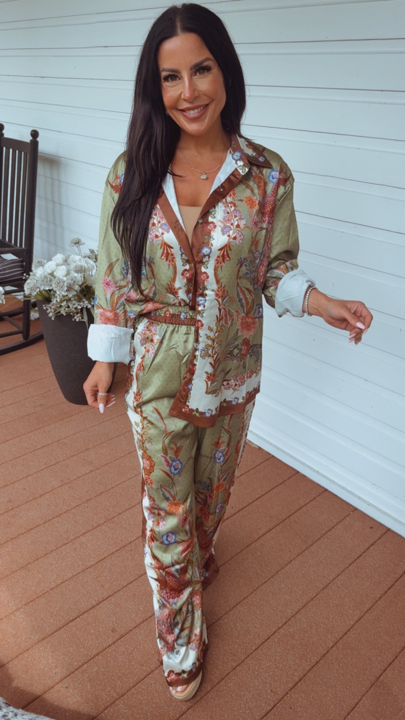Luxe White Green And floral Silky Two Piece Set