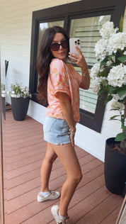 Pink and Orange Floral Ribbed Top