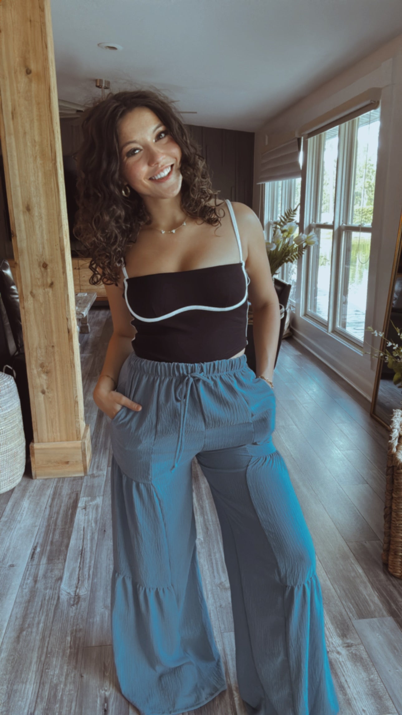 Steel Blue Flowy Textured Lightweight Wide Leg Pants