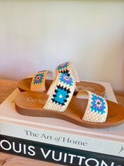 Corky Double Strap Light Tan and Blue Sandals