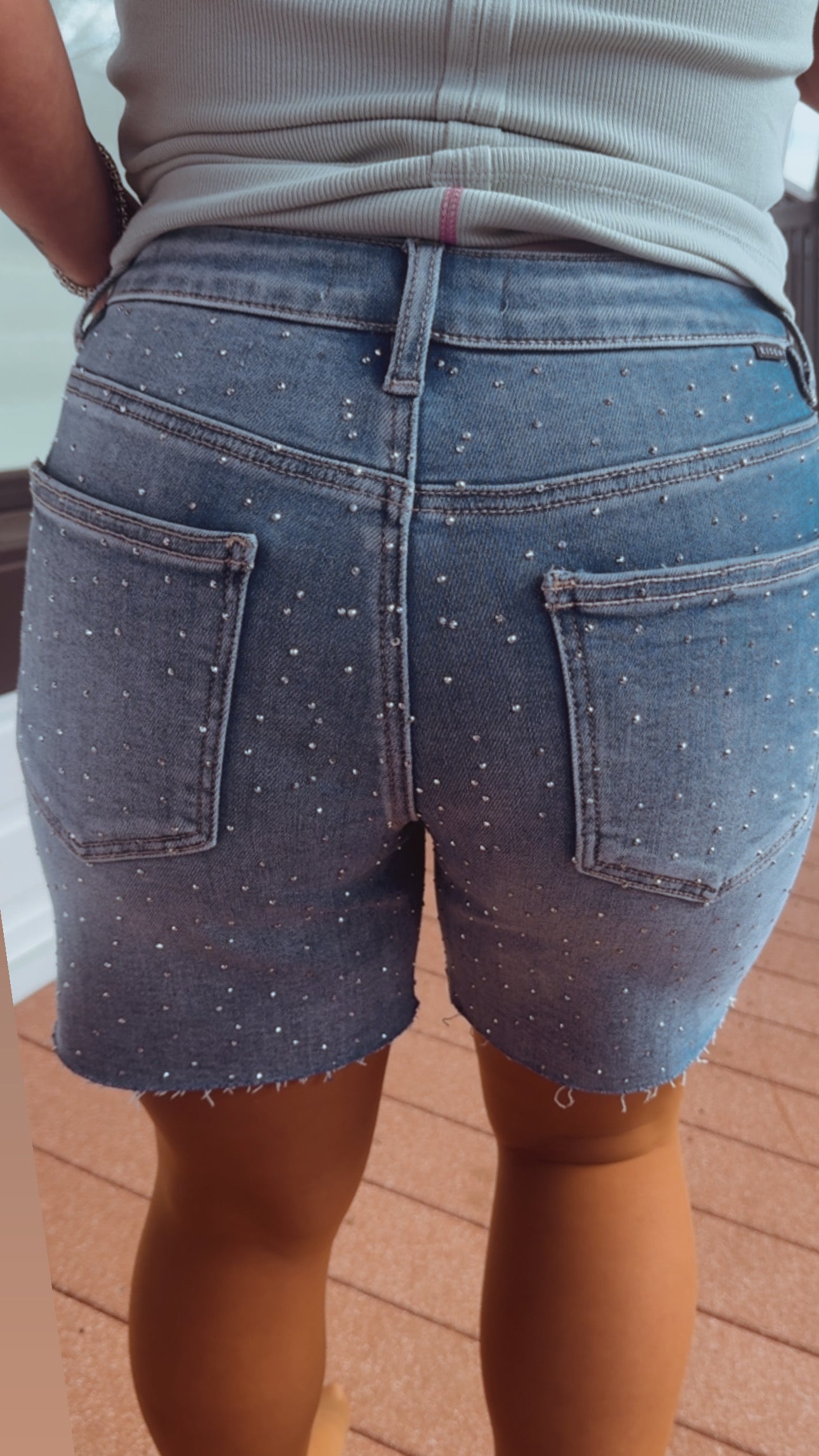Medium Wash Rhinestone Embellished Risen Jean Shorts