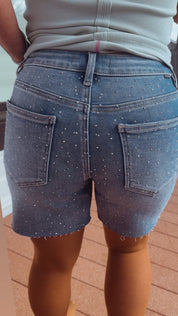 Medium Wash Rhinestone Embellished Risen Jean Shorts