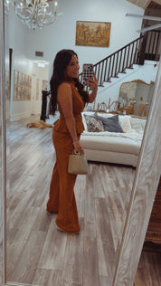 Chic Cognac Gold Accent Peplum Top