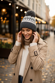 CC Grey Cream and Black With Pom Beanie