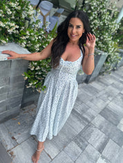 White And Floral Long Flowy Halter  Dress