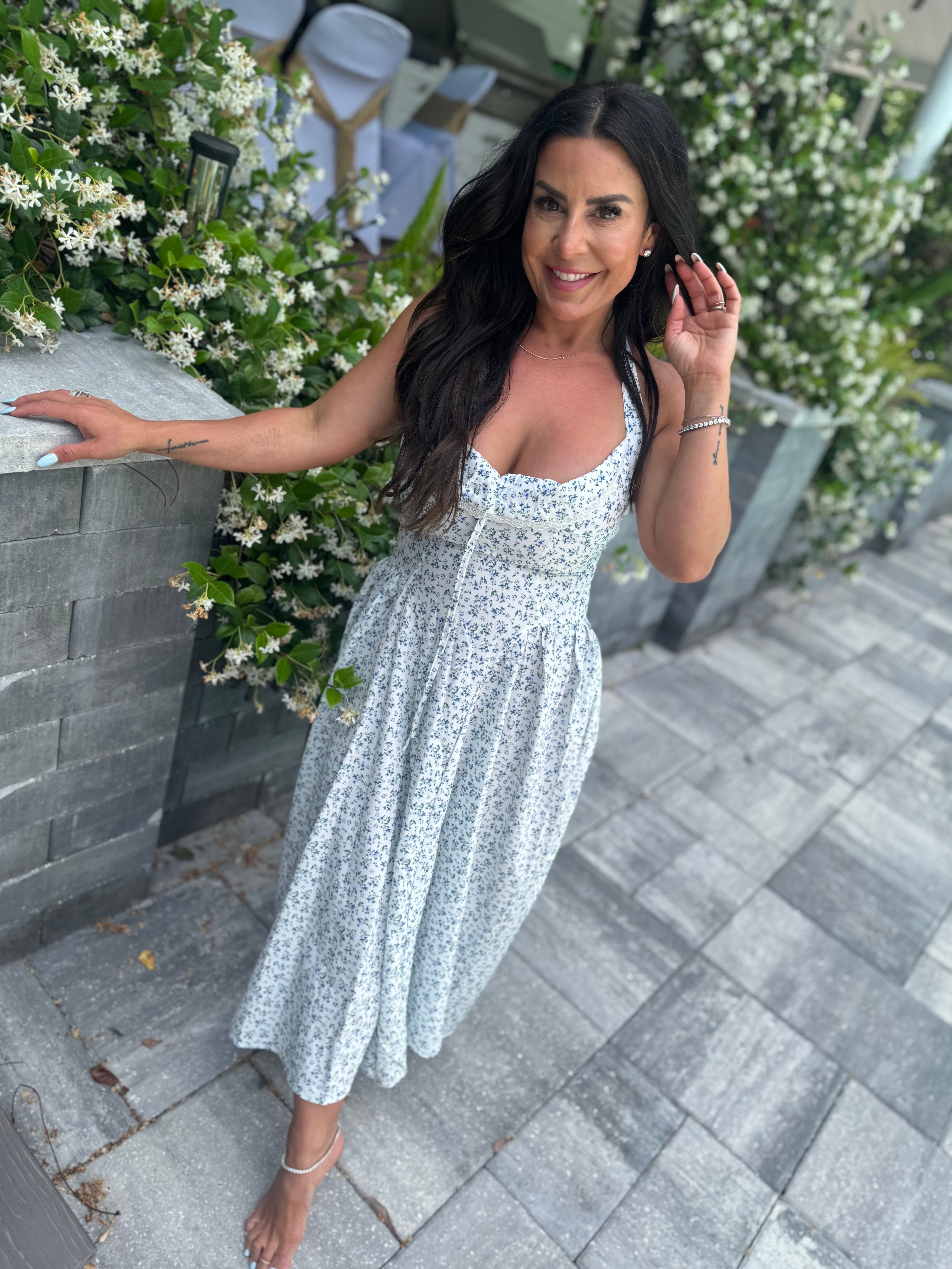 White And Floral Long Flowy Halter  Dress