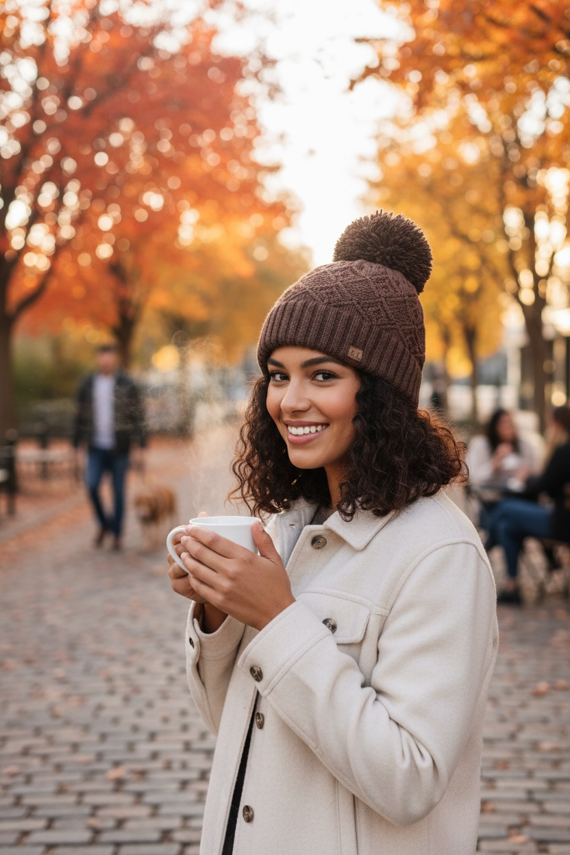 CC Chocolate Crochet Knit Beanie With Pom