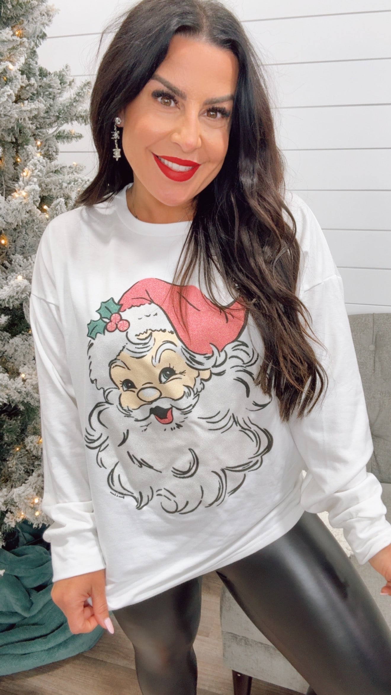 Ultra Soft White Long Sleeve Sparkle Classic Santa Sweater