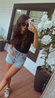 Mica Denim Candy Blue High Rise Rolled Hem Shorts