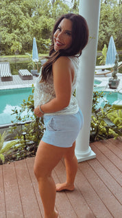 Blue and White Tie Waist Striped Linen Shorts