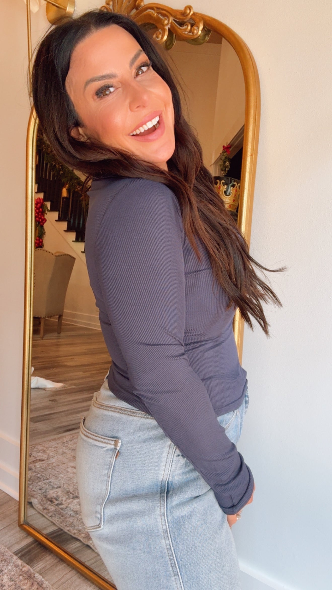 Navy Ribbed Lace detail Sassy Long Sleeve Top