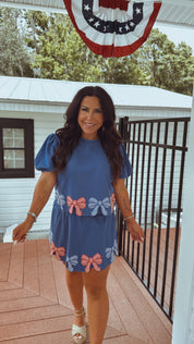 Blue and Red Gingham Sequin Bow Top