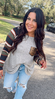 Heathered Grey And Striped Sleeve Glitter Pocket Top