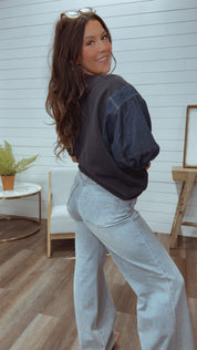 Denim and Crewneck Ruffle Sleeve Top