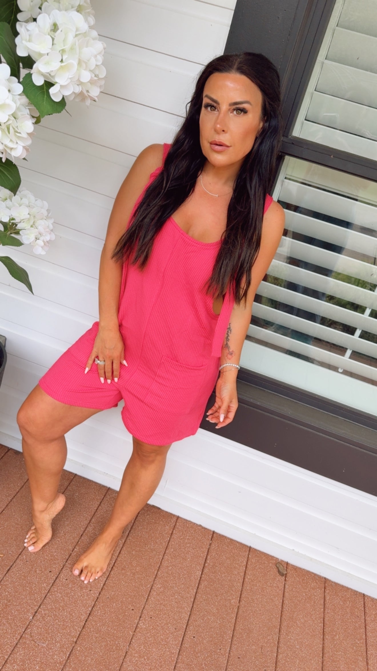 Hott Pink Ribbed Tank Romper With Pockets