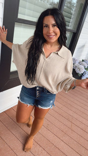 Sand Collared Short Sleeve Oversized Knit Top