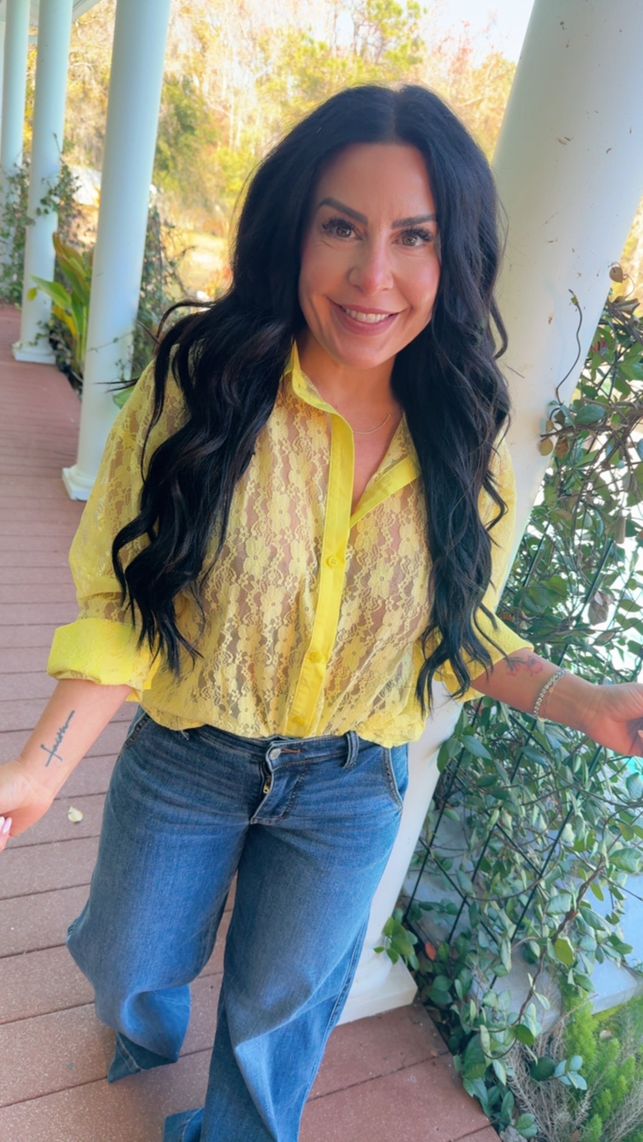 Yellow Chic Button Up Lace Long Sleeve Top