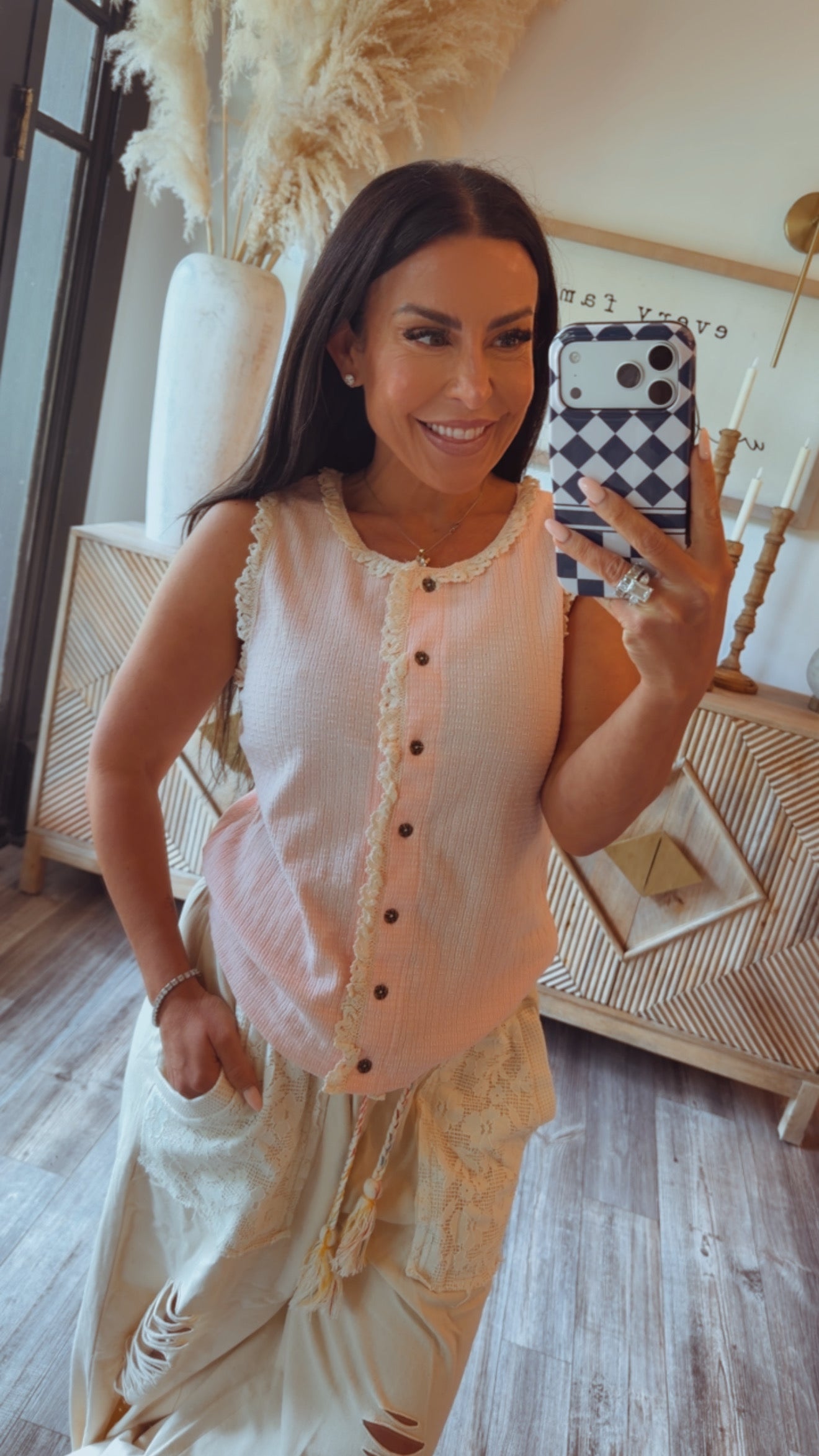 POL Blush Round Neck Button Up Sleeveless Top
