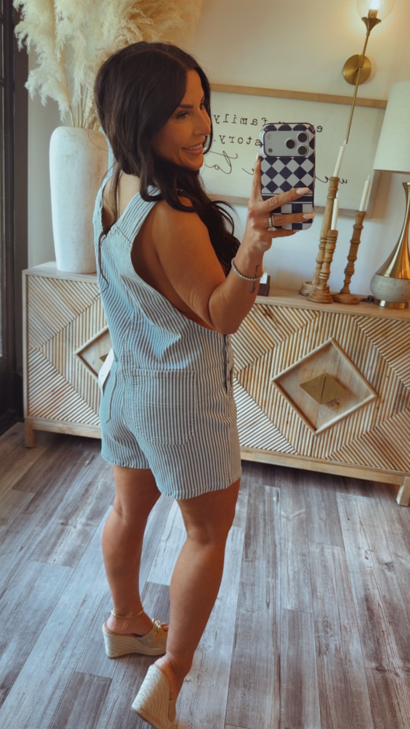 Blue and White Striped Overall Romper